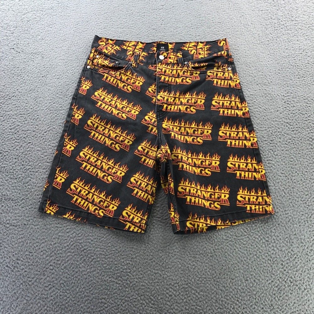 Stranger Things Shorts Mens 32 Black Baggy Loose Fit AOP Logo Netflix Denim H&M